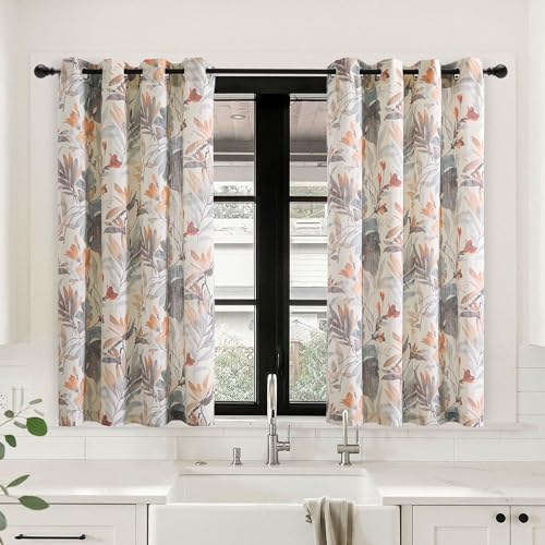 Image of MYSKY HOME Floral Curtains 45 Inch Length Semi Sheer Light Filtering Curtains for Living Room Bedroom Flower Printing Window Treatment Grommet 2 Panels,Coral and Natural