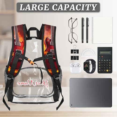 Personalized Large Clear Backpack Stadium Approved Heavy Duty PVC Plastic Custom Funny Guitar Transparent Backpacks See Through Bag with Name, Retro Electric Guitar Music3