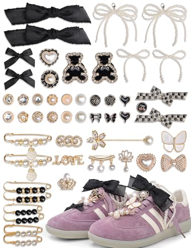 yuboo 51 PCS Shoe Charm for Sneakers, Junk Socks Charms Kit, Shoelace Charms Contain Pearl, Clips, Black Bows, Jewelry, Shoe Decoration Charms for Women Bag/Hat