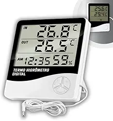 Termômetro e Higrômetro Digital com Sonda Externa, Modelo: HTC-2, Alta Precisão, Memória de Máx e Mín, Relógio Integrado, Display Fácil Leitura, Cabo 90cm, Freezer, Aquário - Qualidade Premium LNSTORE