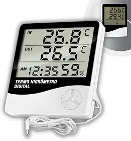 Termômetro e Higrômetro Digital com Sonda Externa, Modelo: HTC-2, Alta Precisão, Memória de Máx e Mín, Relógio Integrado, Display Fácil Leitura, Cabo 90cm, Freezer, Aquário - Qualidade Premium LNSTORE