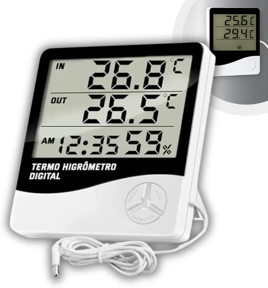 Termômetro e Higrômetro Digital com Sonda Externa, Modelo: HTC-2, Alta Precisão, Memória de Máx e Mín, Relógio Integrado, Display Fácil Leitura, Cabo 90cm, Freezer, Aquário - Qualidade Premium LNSTORE