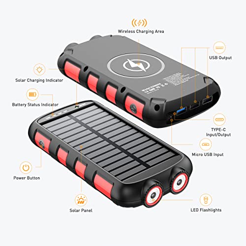 Fwnyha Solar Power Bank 36800Mah Portable Charger 12V/9V/5V 18W Usb-C Fast Charging,15W Wireless Output, Ip66 Waterproof External Battery Pack Compatible With Iphone 12,13,Mac,Samsung Galaxy,Tablet #TOP7