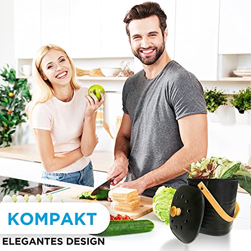 KESSELBACH ® Komposteimer mit Deckel Schwarz - Geruchsdicht durch Aktivkohlefilter - Biomülleimer Küche - Premium aus echtem Bambusfaser - Küchenabfalleimer für Biomüll - Kompostbehälter Elegant - Image 7