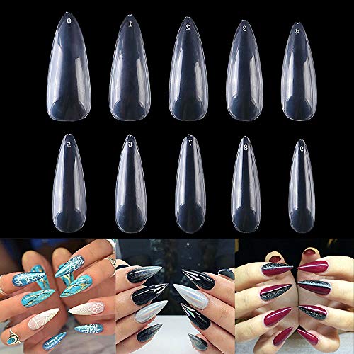 Vcedas Stiletto Press On Nails Full Cover 500PCS Pointed Stiletto Shaped Nail Tips 10 Sizes with Bag for Girl DIY Nail Salon (Clear)