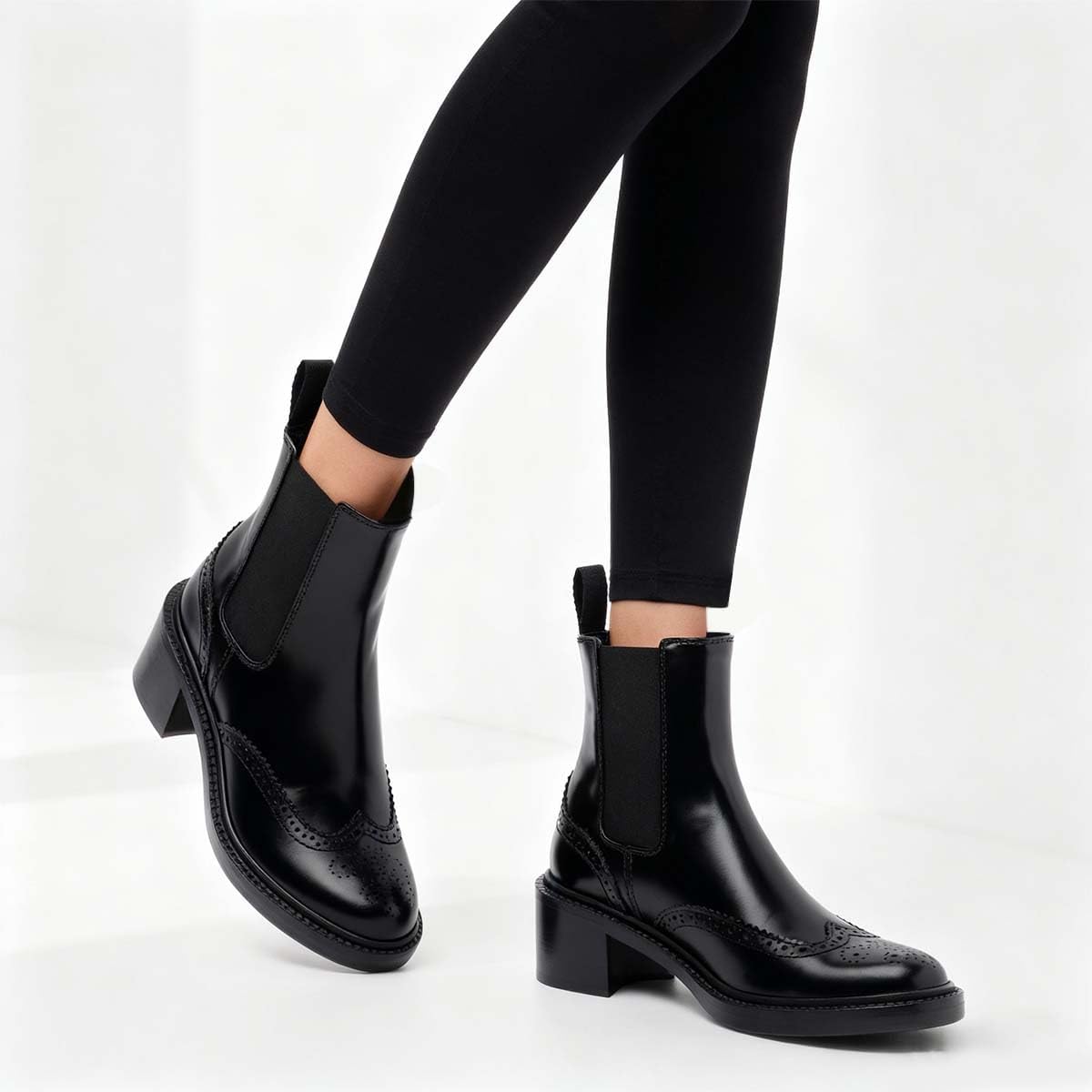 miss left Women Wingtip Brogue Stretchy Pull on Chelsea Boots Round Toe Block Low Heel Comfy Daily Outfit Ankle Boots Size 4-16 US