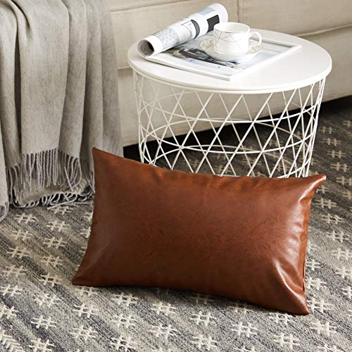 Image of Fancy Homi Faux Leather Boho Decorative Throw Pillow Covers, Thick Modern Solid Square Cushion Case Set for Couch Sofa Bedroom Car Living Room (12x20 Inch /30x50 cm, Brown)