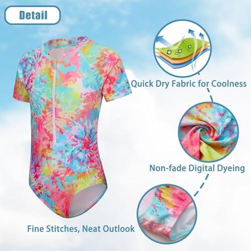 Girls One Piece Rash Guard Swimsuits for Kids Girls Short Sleeve Bathing Suits with Front Zipper Swimwear 3-16 Years3