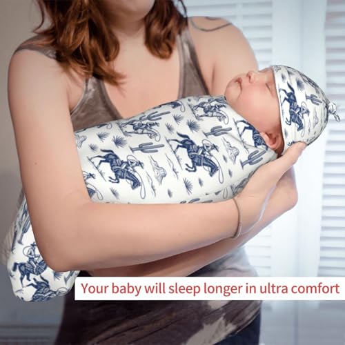Image of Cowboy Cactus Western Newborn Baby Swaddle Blanket Baby Stuff,with Beanie hat Sets, Soft Gifts for Unisex Boys Girls Shower Infant