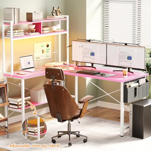 Image of Aheaplus L Shaped Desk Gaming Desk, 59 inch L Shaped Computer Desk with LED Light & Power Outlet, Reversible Home Office Desk Gamer Desks with Shelves & Storage Bag & Hooks, Corner PC Desk, Pink
