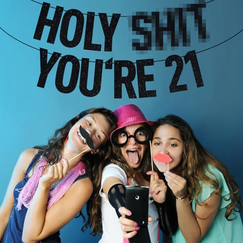 Image of Black Glitter Holy Shit You're 21 Banner, Rip Fake ID /Happy 21st Birthday /Cheers to 21 Years, Funny 21st Birthday Party Decorations Supplies