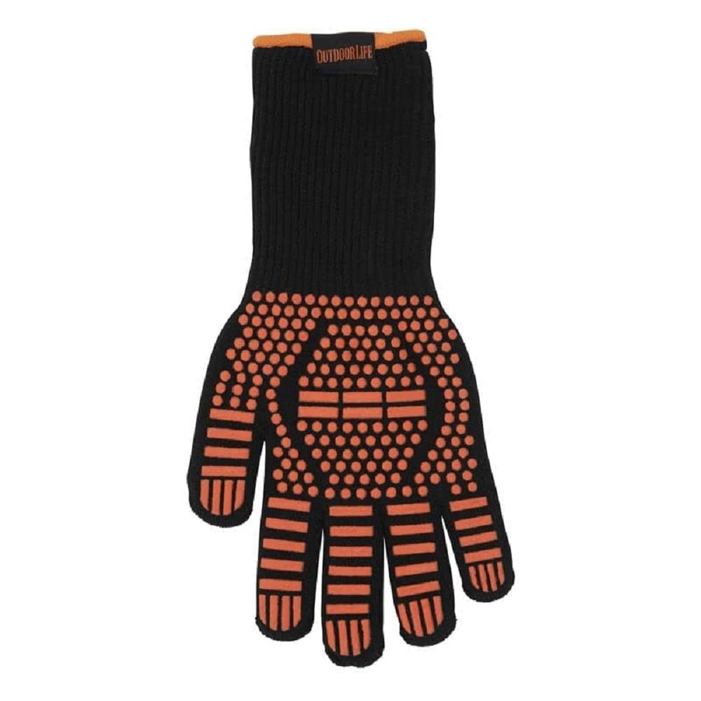 Outdoor Life Heat Resistant Mitt, Slip-Resistant with An Extra-Long Sleeve, Perfect for Camping, Grilling or In The Kitchen, Heat resistant up to 572 degrees F, Orange and Black