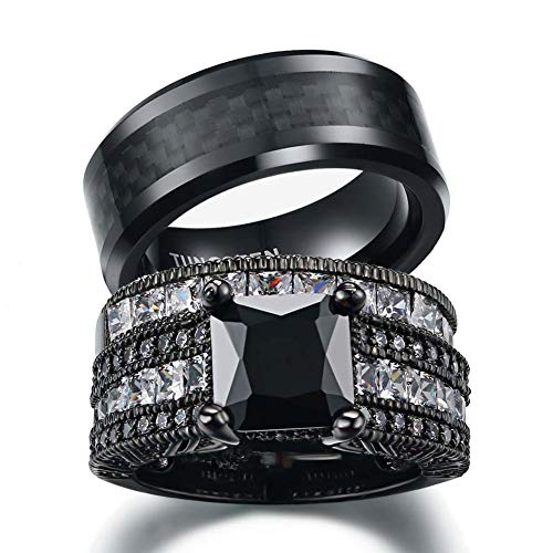 Couple Ring Bridal Sets His And Hers Women Black Gold Filled Square CZ Men Tungsten Carbide Band Wedding Ring Band Set