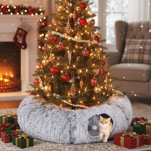 PawHut Cat Tunnel for Indoor Cats, 90cm Large Donut Play Tunnel Bed with Washable Cushion, Toy Ball and Door Hole, Pet Play Rabbit Tube Toy, Light Grey