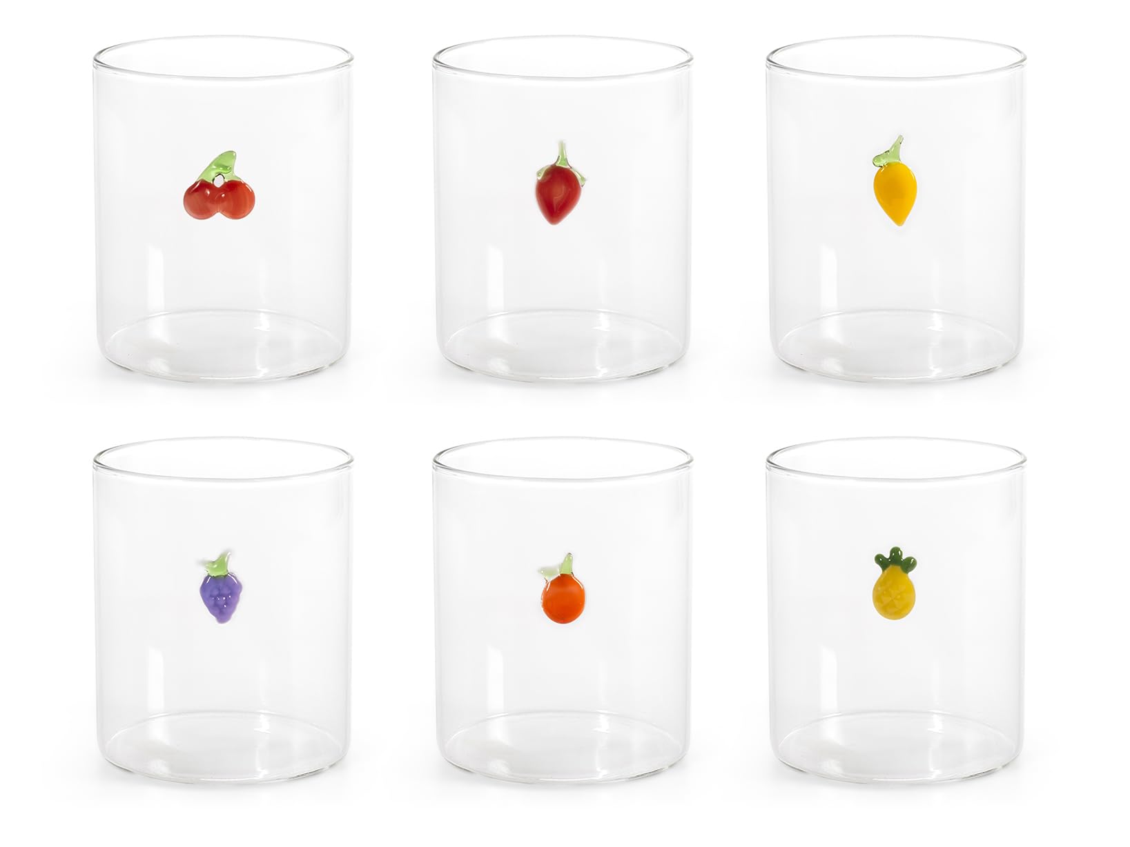 H&H, Set 6 Bicchieri in Vetro Borosilicato 42 cl con Miniature Fruttate Esterne – Ciliegie, Fragola, Uva, Limone, Pesca, Ananas – Lavabili in Lavastoviglie