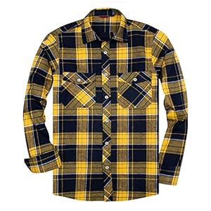 Alimens & Gentle Men’s Button Down Regular Fit Long Sleeve Plaid Flannel Casual Shirts – Color: Yellow&Navy, Size: Small