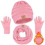 Winter Beanie Hat Scarf Gloves, Warm Fleece Knit Winter Hats Touch Screen Gloves Neck Scarf Set Winter Gifts for Unisex Adult Pink