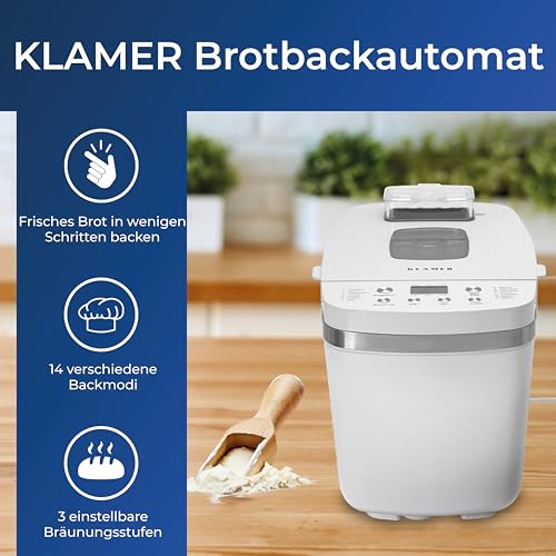KLAMER Brotbackautomat, 14 Backprogramme, 3 einstellbare Bräunungsstufen, automatische Zubereitung von Brot, Kuchen, Pizzateig, Joghurt & Marmelade, Backform antihaftbeschichtet, Weiß – Bild 3
