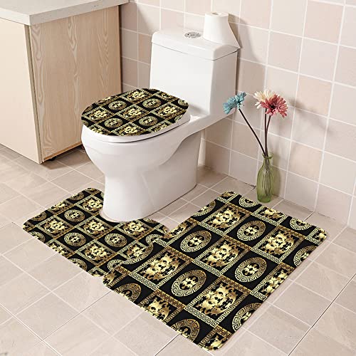 Badezimmer Set, rutschfeste Badematte und WC-Vorleger-Set, Gold Barock Modern Floral Golden 3D Damast Blumen Blättern… – Bild 5