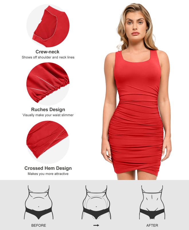 Popilush Mini Dresses for Women U-Neck Shapewear Tummy Control Bodycon Ruched Dress Party Club Date Night Going Out: Medium Red