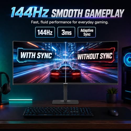 Image of Deco Gear 49 Inch Curved Monitor, 3840x1080 Ultrawide Gaming WDFHD Screen, 144Hz, 32:9, 3ms, 3000:1 VA Display, HDR400, Adaptive Sync, USB-C 65W, HDMI, PIP /PBP, KVM, 1800R, Office & Workstation Setup