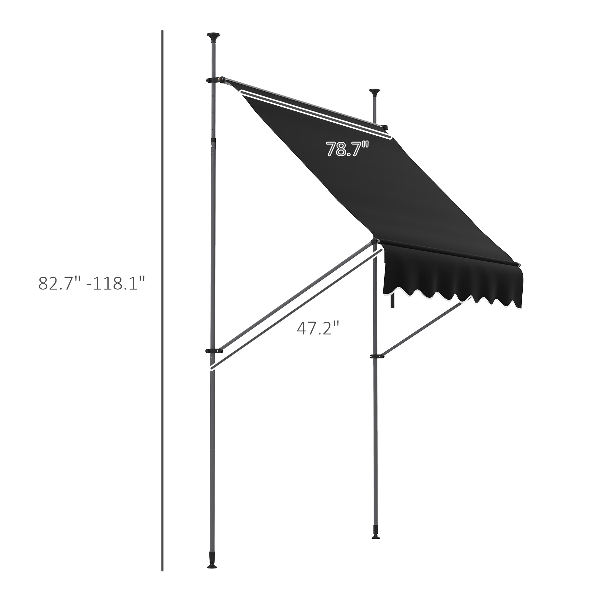 Toldo retráctil manual, 79 pulgadas, sin tornillos, para patio, con soporte de poste de soporte y tela resistente a los rayos UV para ventana, puerta, porche, cubierta, color negro 7