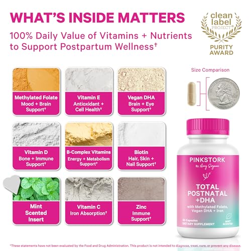 Image of Pink Stork Total Postnatal Vitamins for Women | Vegan DHA, Iron, Folate, B12 | Postpartum Recovery Essentials | Lactation Support for Breastfeeding Moms | Clean Label Award Winner - 60 Capsules, Mint