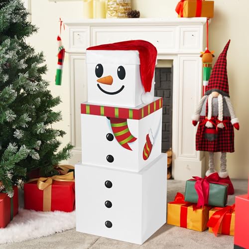 JOYIN 4 caixas empilháveis de boneco de neve de Natal com tampas e chapéu de Natal, caixas empilháveis decorativas grandes, caixas de nidificação, caixa de presente empilhável de Natal para decorações