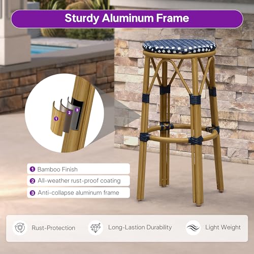 Image of PURPLE LEAF Outdoor Round Bar Height Stool Set of 2 Patio Backless Barstools Aluminum Frame in Bamboo Finish with Navy Blue & White Woven Rattan for Indoor Kitchen Dining Bistros Cafe Restaurant
