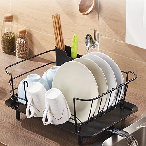 Vizoe Dish Drying Rack 15''*11''*8'', Black Iron Dish Rack With Automatic Drainage, Removable Utensil Holder And Cup Holder, Drying Rack With Swivel Spout For Kitchen Inside Sink Counter Cabinet #TOP6