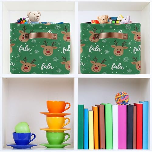 Image of Green Christmas Reindeer Storage Basket with Waterproof Liner and PU Handles Winter Snowflake Xmas Storage Bins Boxes 14.2 inch Collapsible Decorative Organizer Baskets for Bedroom Closet Office 1 Pack