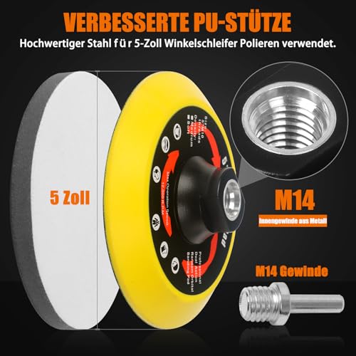 Pomsare Schleifscheiben-Set 125mm Klett für Winkelschleifer - 80 Stück Schleifpapier mit M14 Schleifteller und Schaft - Winkelschleifer Zubehör für Holz und Metall - Verbesserte Version