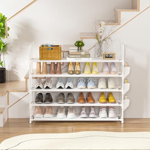 Image of OYREL 5 Tier Shoe Organizer, 33.3in Wide x 11.2in Deep x 35.6in Tall, Black Metal and Plastic Shoe Rack with Side Bag, Holds 20-25 Pairs of Shoes