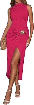 Pink Queen Womens Two Piece Skirt Sets Fashion Mock Neck Sleeveless Top Sexy Slit Midi Dresses Going Out Outfits