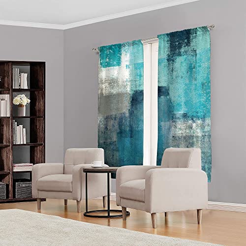 Meshelly Turquoise Grey Abstract Curtains 42Wx63H Rod Pocket Blue Teal Aqua Gray Art Painting Modern Contemporary Watercolor Background Oil Print Cool Living Room Bedroom Window Drapes Fabric 2 Panel #TOP2