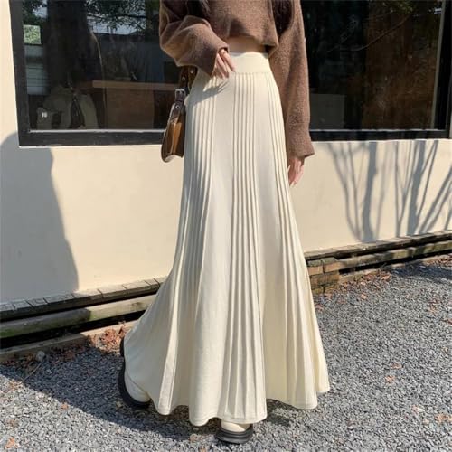 Women Winter Elegant Knitted Midi Skirt High Waist Pleated Korean Slim A Line Skirts2