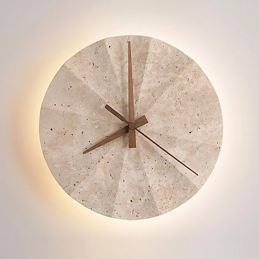 COSRUB Japanese Round Travertine Wall Sconce, Backlit Halo Clock Wall Mounted Light Minimalist Cream Stone LED Wall Lamp for Living Room Entryway Bedroom(30cm/11.81in)
