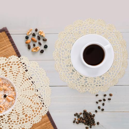 Mozeat Lens 588197_1_HGB370UR Crochet Doilies, 4 Pcs 10 Inch Beige Doilies For Tables Vintage Doilies For Furniture, Round Handmade Lace Placemats Knitted Tablecloth Corrugated Edge thumb #6