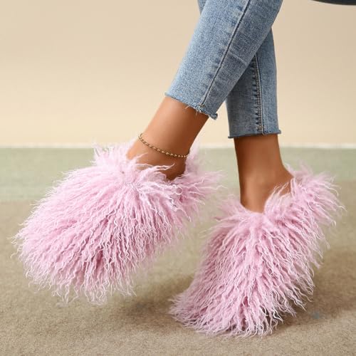 Image of Unisex Fuzzy Faux Fur Slippers, Women's Fluffy Long Hair Sheep Faux Fur Slip on Slides, Girls Luxury Big Fluffy Outdoor Flat Slippers, Long Curly Hair Non-Slip Warm Home Slide Shoes