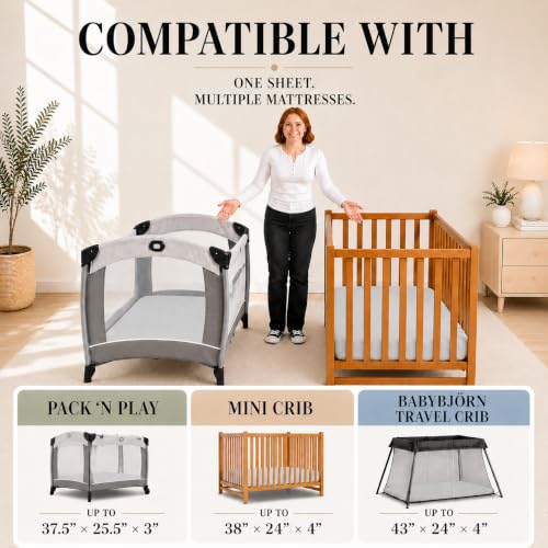 Image of GOTS Organic Pack and Play Sheets Fitted - 1 Pack Mini Crib Sheets Premium Weight Turkish - Cotton 38x26 Neutral Toddler Playard Bedding, Fitted Mini Baby Crib Mattress Cover Boy, Girl