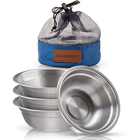 Wealers 6 Inch Stainless Steel Bowl Set Camping Outdoor Soup Plate with a Mash Carry Bag (Set of 4) Cover