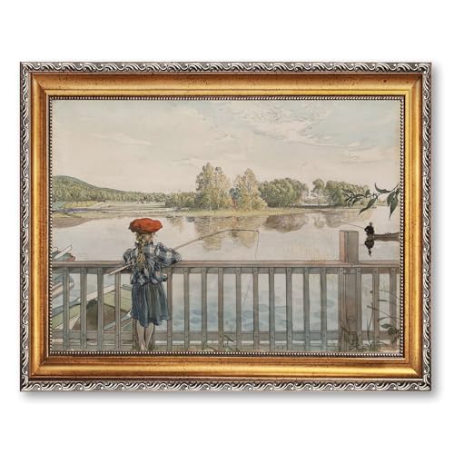 Vintage Framed Girl Fishing Canvas Print Oil Paintings Reproduction World