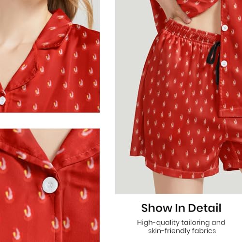 Image of Funny Pajamas for Women Set Print Satin Loungewear Pjs Short Sleeve Button Down Top and Shorts Sets Sleepwear XS-3XL