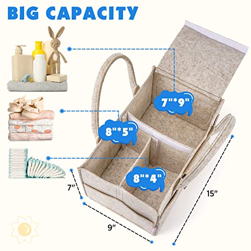 Image of Maliton Felt Diaper Caddy Organizer with Lid - Large, Khaki | 15x9x7 inch Portable Nursery Storage Bin and Car Organizer for Diapers, Wipes. Boy & Girl Shower Gift Basket, Baby Essentials