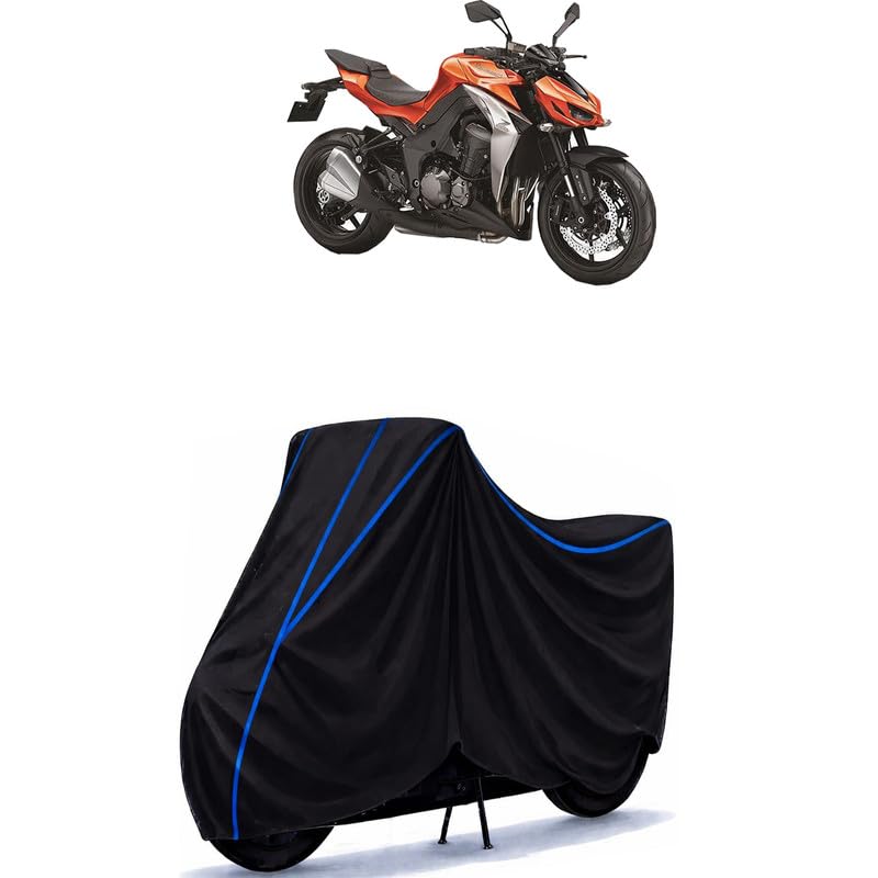 Image of Z1000 Bike Cover Water Resistant Universal Motorcycle Rain | Heavy Duty UV Protection, Dust, Scratch Indoor Outdoor All Weather with Black Blue Piping Elastic