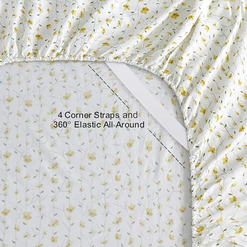 Image of Softan Yellow Floral Sheets for Queen Size Bed Printed Bed Sheets - 4 Piece Soft Microfiber Patterned Fitted Sheets Queen with 15 inch Deep Pocket and Corner Straps,Cute Flower Sheets & Pillowcase Set
