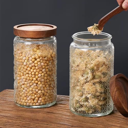Image of Vintage Glass Jars with Wooden Lids, 34 oz Airtight Glass Food Storage Containers Sets for the Kitchen, Sugar Candy Coffee Cookie Tea Spice Pasta
