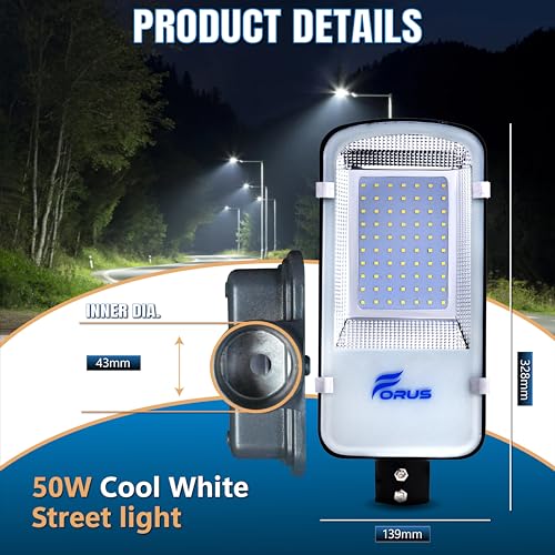 Image of Forus 50W LED Street Light with Clamp, IP66 Waterproof Outdoor LED Street Light, High Lumen 6000lm Cool White, Aluminium Body for Road, Parking Lot, Garden & Industrial Outdoor Lighting (1 Pc)
