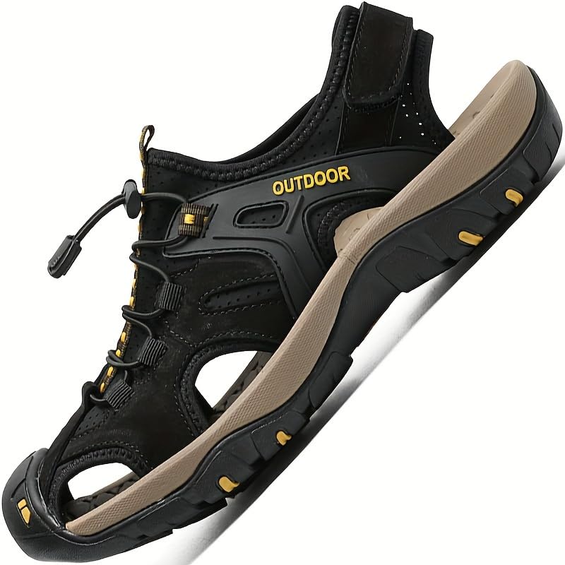 Outdoor Adventures, Men'S Breathable Hiking Sandals - Closed Toe, Fisherman Style, Black with Brown & Grey Accents, Elastic Strap, Rubber Sole, Ideal for Summer Outdoor & Casual Wear