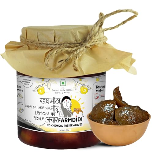FarmDidi Lemon Pickle 1 Kg in Fresh Indian Homemade Nimbu Ka Achar with No Onion & Garlic Sweet & Sour Oil-Free Pickle Traditional Grandma-Style Recipe Organically Processed